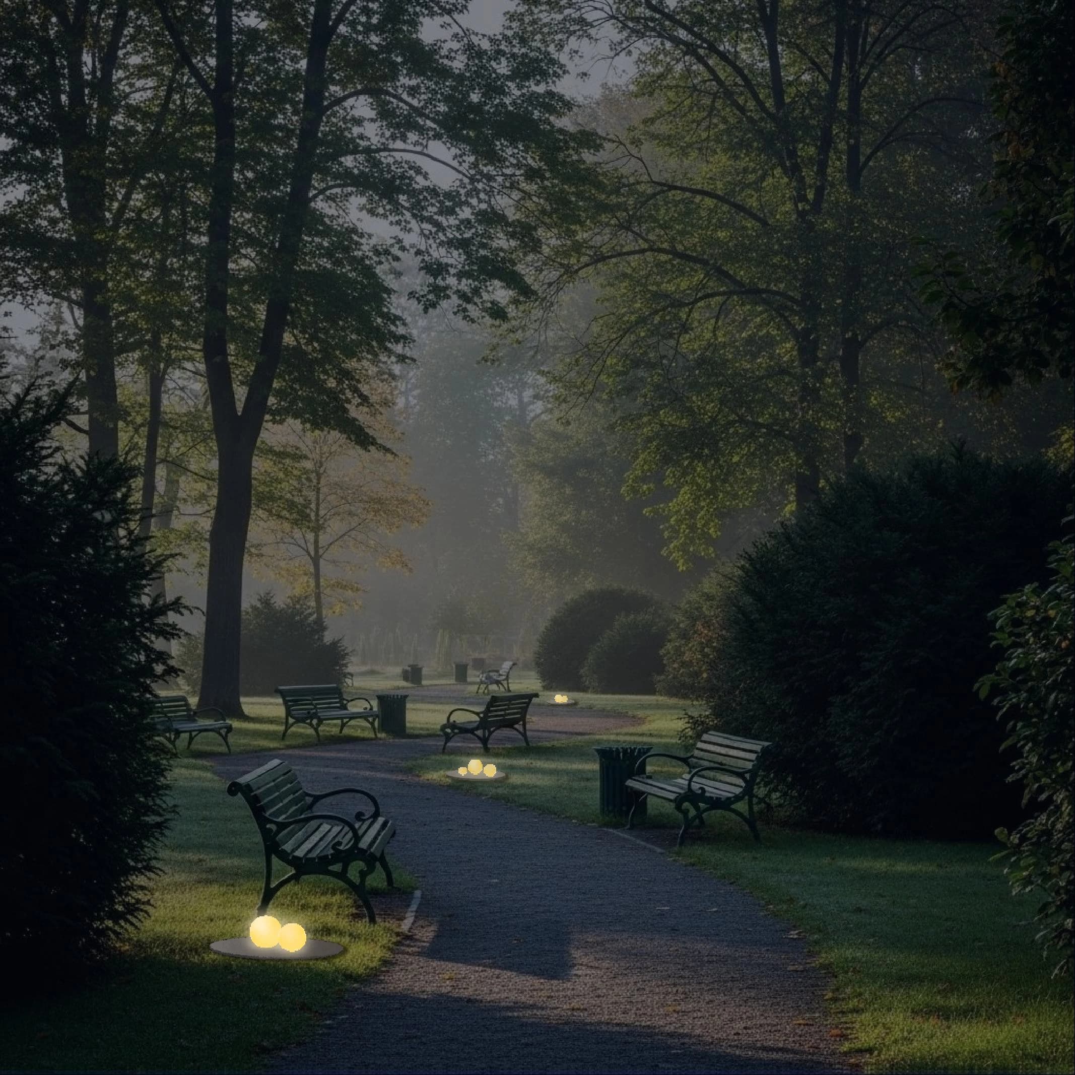Konseptkollasj av minneparken i skumring, med lyskuler ved trær og benker